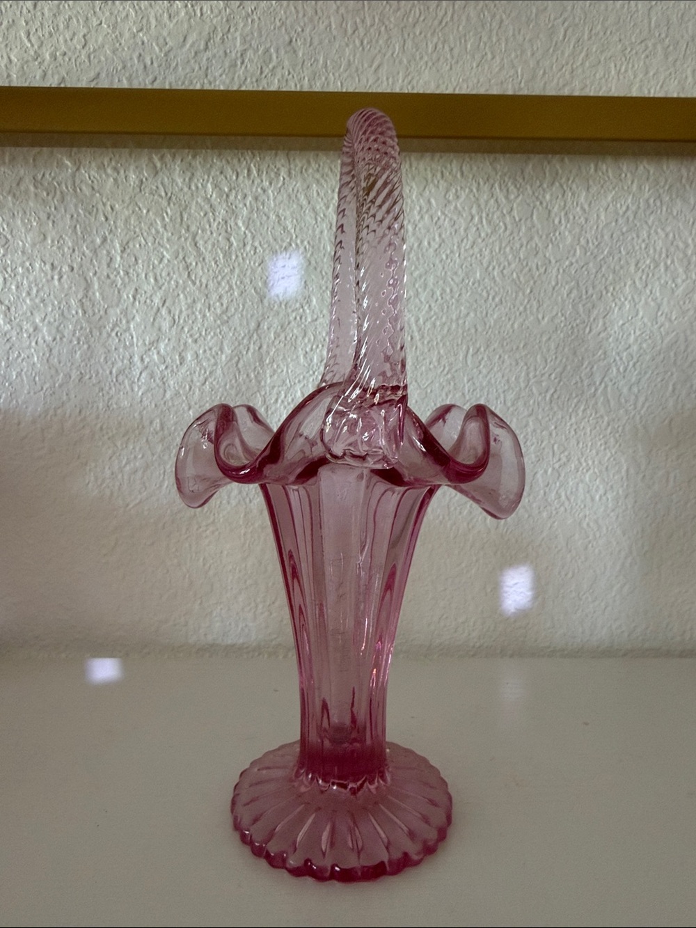 Fenton Pink Glass Ruffled Basket Vase - Decorative Home Art